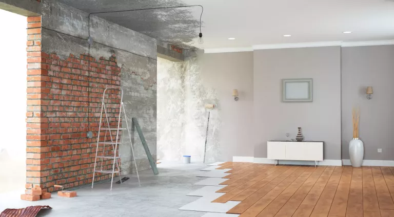 Renovation interior with bright windows. 3D render